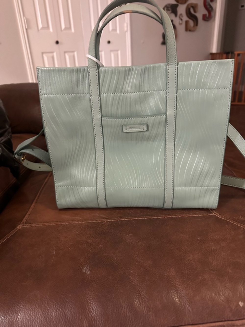 Fossil Carmen Embossed Leather Tote Sage Green